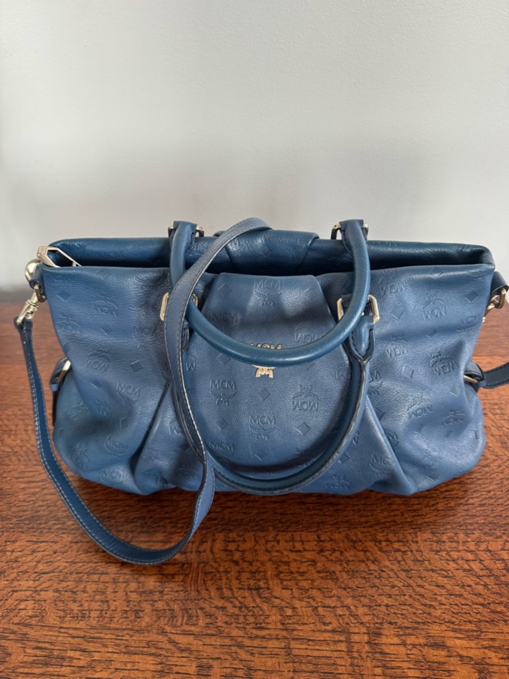 MCM Monogram Embossed Navy Leather 2-Way Satchel/Crossbody Bag with COA